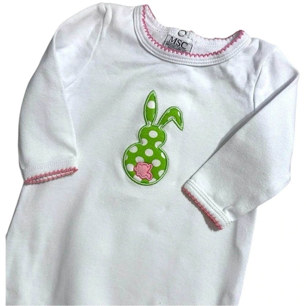 Vintage MSC Baby Gown 0-6M – Easter Bunny, Polka Dot Appliqué, Ruffle Trim